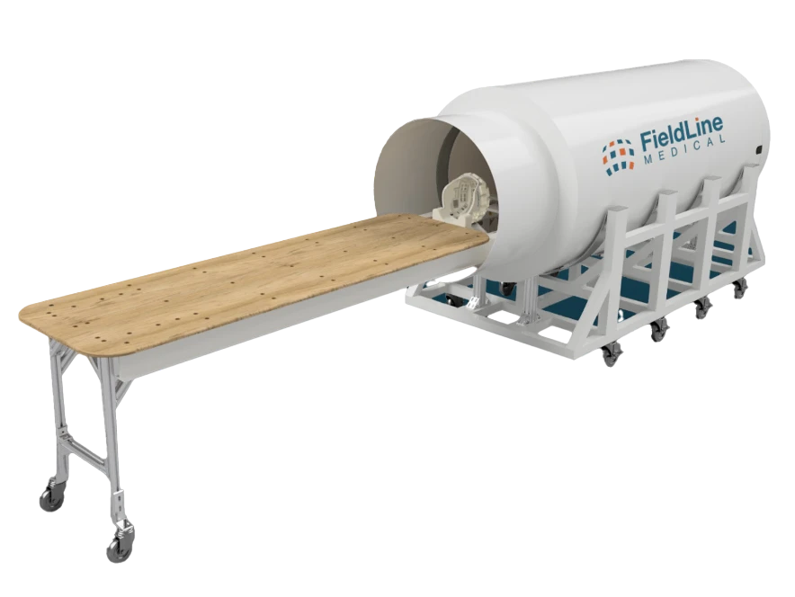 FieldLine-HEDscan-Tube Shield- Picture of angled view of Tube Shield and sliding bed